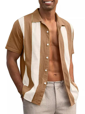 Two Color Stripes Lapel Short Sleeve Cuba Shirt for Men