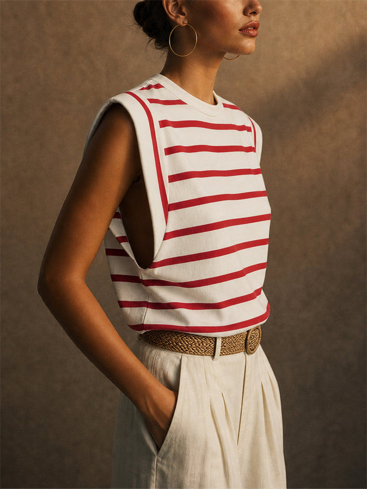 Women Summer Nautical Style Striped Shoulder Pad Muscle Tank Top