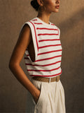 Women Summer Nautical Style Striped Shoulder Pad Muscle Tank Top