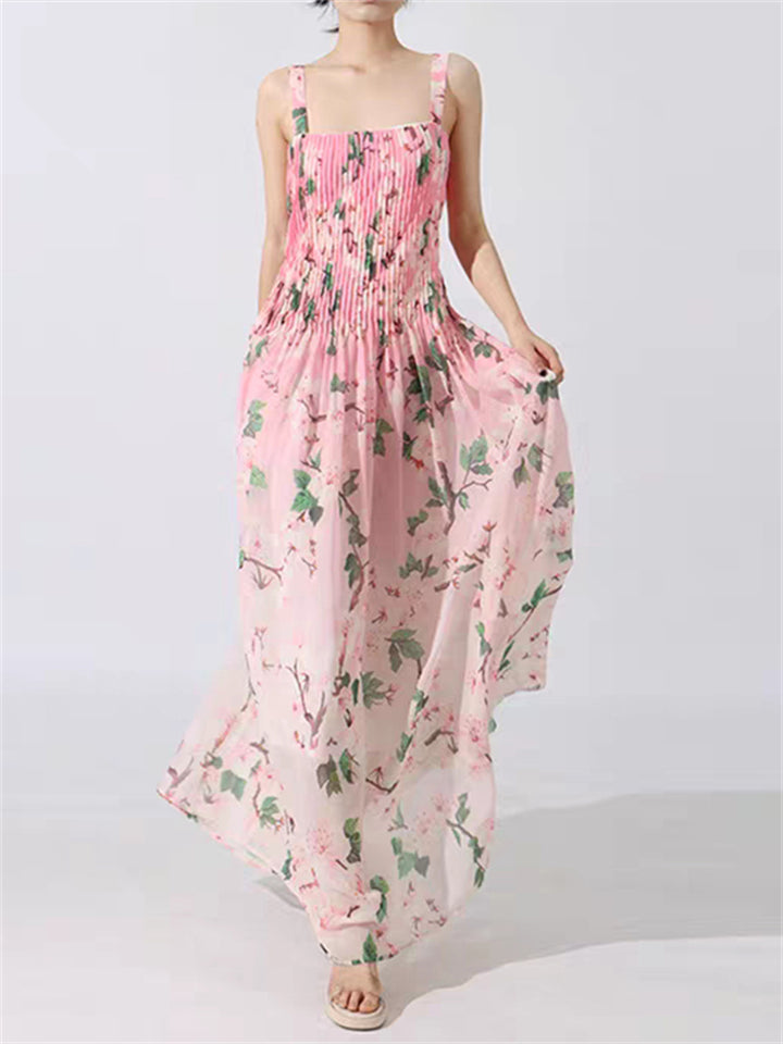 Summer Floral Print Sleeveless Square Neck Strappy Maxi Dress for Women