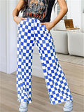 Women's Casual Checkerboard Plaid High Rise Wide Leg Pants