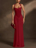Women Halter Neck Sheer Mesh Ruched Draped Maxi Dress