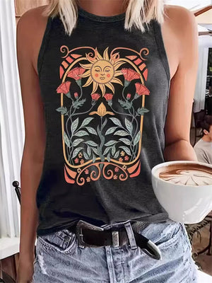 Female Blooming Flowers Sleeping Sun Printed Round Neck Tank Top