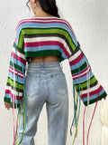 Women's Trendy Rainbow Striped Fringe Long Sleeve Crop Sweaters
