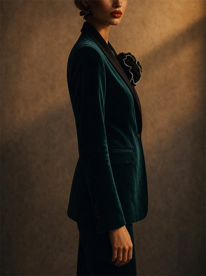 Women Elegant Emerald Green Velvet Blazer with 3D Flower Decor