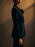 Women Elegant Emerald Green Velvet Blazer with 3D Flower Decor