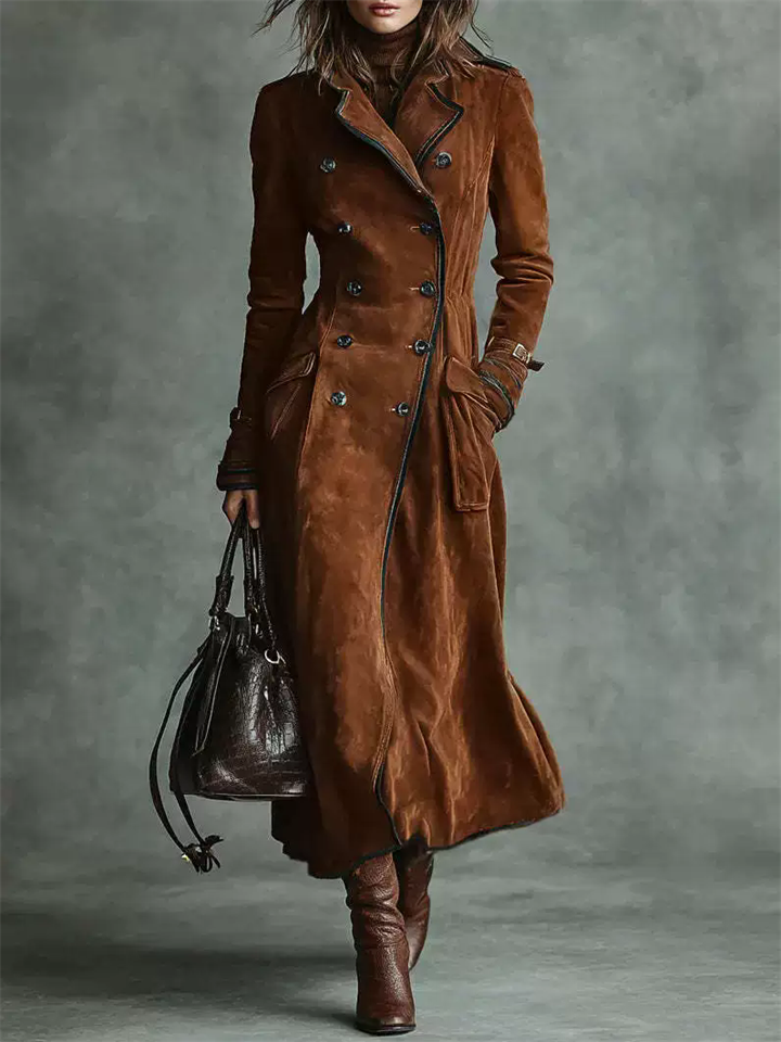 Autumn Suede Long Trench Coat for Women with Double Breasted Buttons