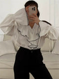 Women's French Style White Contrast Trim Ruffled V-Neck Blouses