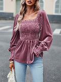 Ladies Puff Long Sleeve Square-neck Velvet Shirt