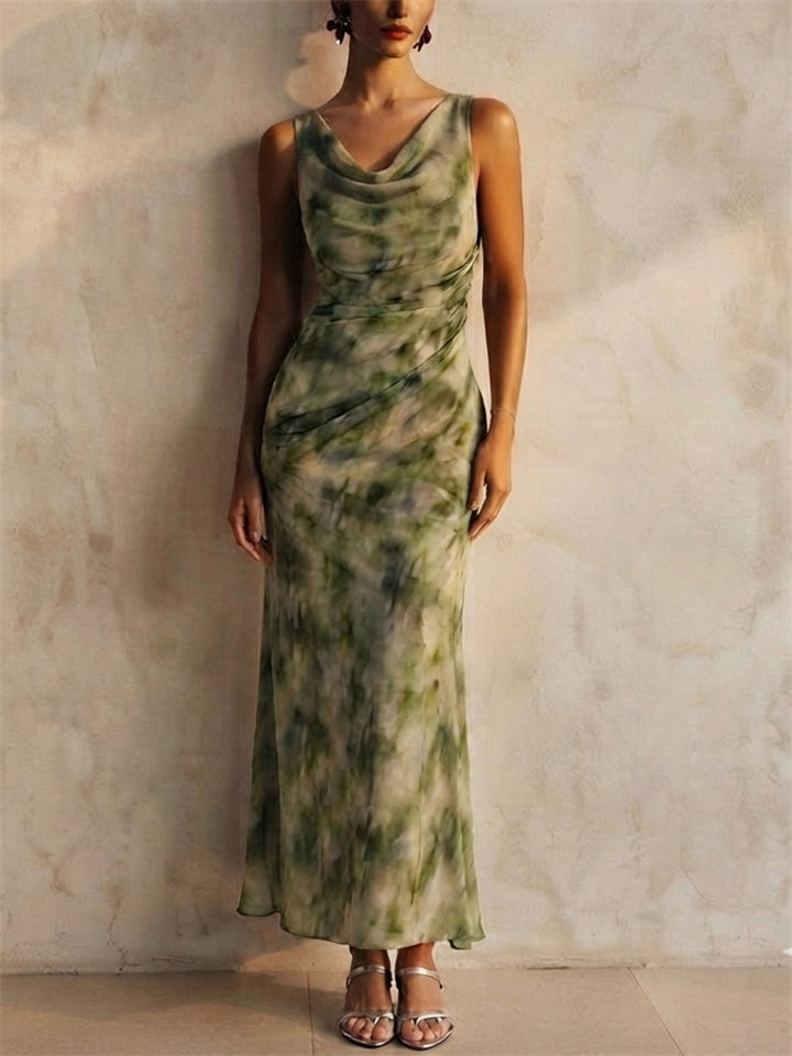 Women Green Watercolor Cowl Neck Ruched Cocktail Maxi Dress