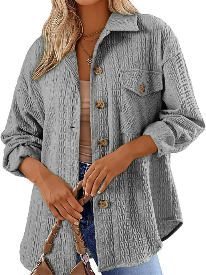 Women's Casual Solid Color Embossed Lapel Long Sleeve  Blouses