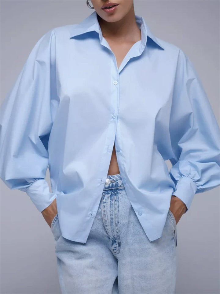 Women's Elegant Lapel Loose Fit Puff Sleeve Button Up Blouses