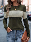 Women's Contrast Color Pit Stripe Round Neck Long Sleeve Shirt