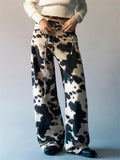 ‌Trendy Women's High-Waist Loose Fit Cow Print Straight Leg Denim Pants