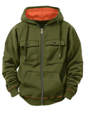 Men's Autumn Fleece Zipper Long Sleeve Cargo Pockets Cardigan Hoodie