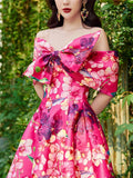 French Style Women's Bow Tie Floral Print Big Hem Midi Dress