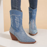 Female Pointed Toe Mid-calf Chunky Heel Rhinestone Cowboy Boots