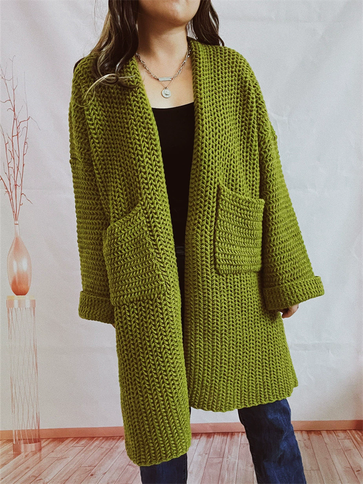 Women's Solid Color Pockets Knee Length Long Cardigan Sweater
