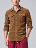 Men Corduroy Long Sleeve Button Down Double Pocket Casual Shirt