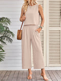 Women's 2pcs Casual Solid Color Sleeveless Top & Wide Leg Pants Set