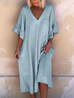 Women's Sexy V Neck Flare Sleeve Loose Trendy Dress for Holiday