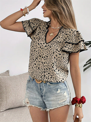 Women's French Style Floral Printed V Neck Ruffled Sleeve Shirts