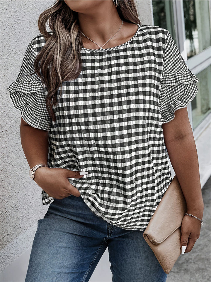 Women's Summer Plaid Round Neck Short Sleeve Shirt