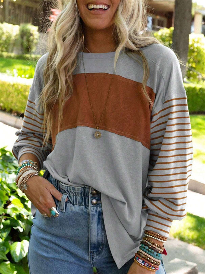 Round Neck Long Sleeve Contrast Color Stripe Shirts for Women