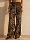 Women Leopard Print Wide Leg Pants Drawstring Side Stripe Trousers