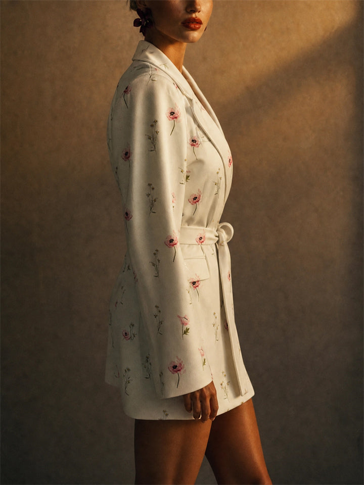 Women Elegant Floral Print Loose Fit Slim Belted Blazer