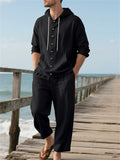 Men's Casual Solid Color Linen Button Up Long Sleeve Hoodie Outfit