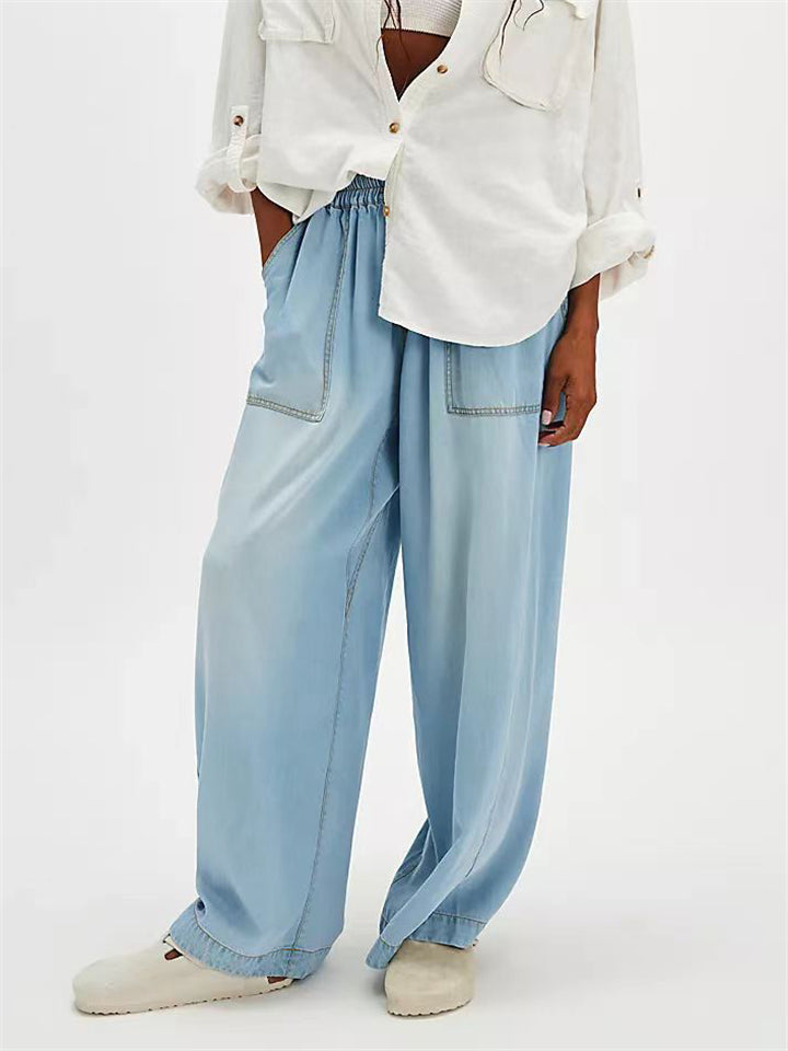 Women's Vintage Solid Color Pockets Drape Wide Leg Denim Pants