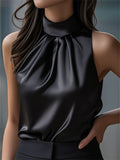 Women's Summer Chic Satin Black Semi High Neck Slim Halter Top