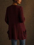 Women Ribbed Knit Open Front Cardigan with Pleated Pockets