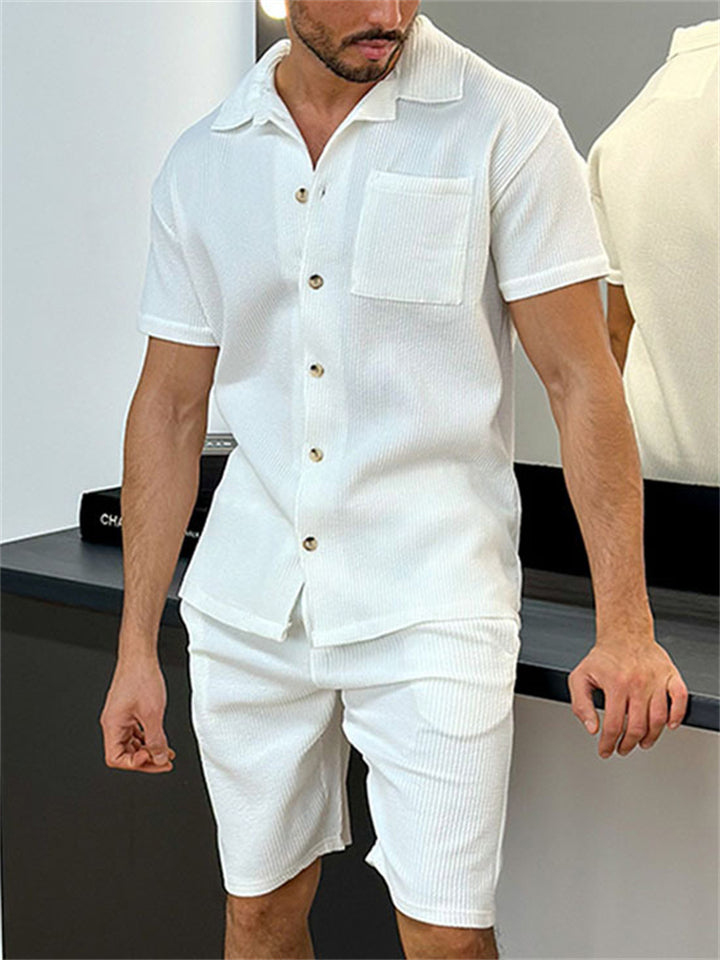 Comfy Short Sleeve Solid Color Lapel Button up Outfits For Men