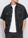 Mens Short Sleeve Denim Button Up Shirt with Multi Pocket