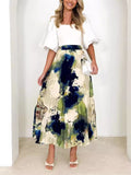 Female Chic Dreamy Oil Painting Print Pleated Skirt