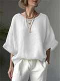 Women's Summer Elegant Solid Color Round Neck Drop Shoulder Shirts