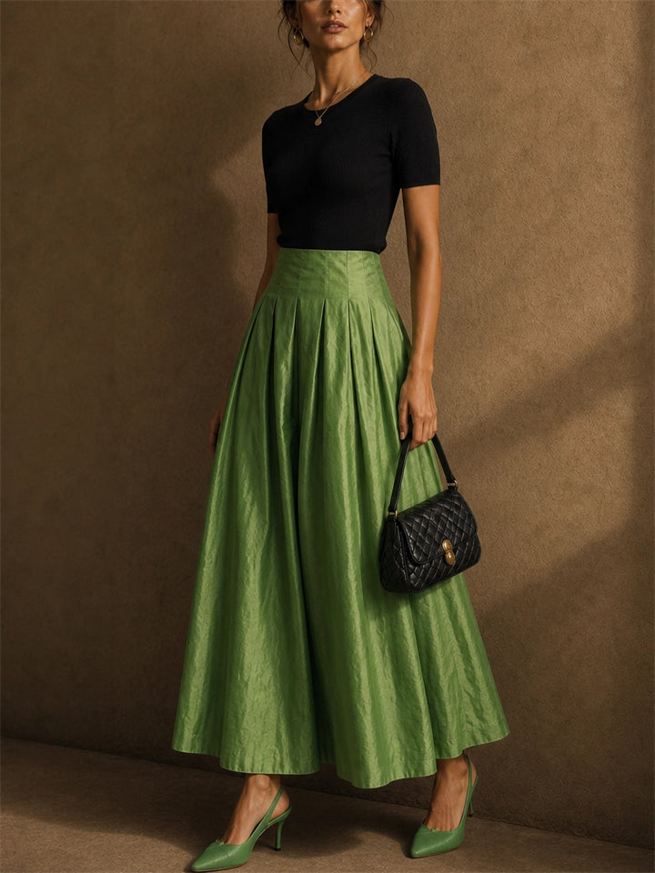 Women Green High Waist Pleated A Line Maxi Skirt