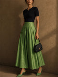 Women Green High Waist Pleated A Line Maxi Skirt