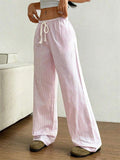 Simple Striped Wide Leg Casual Pants for Women with Drawstring Waist