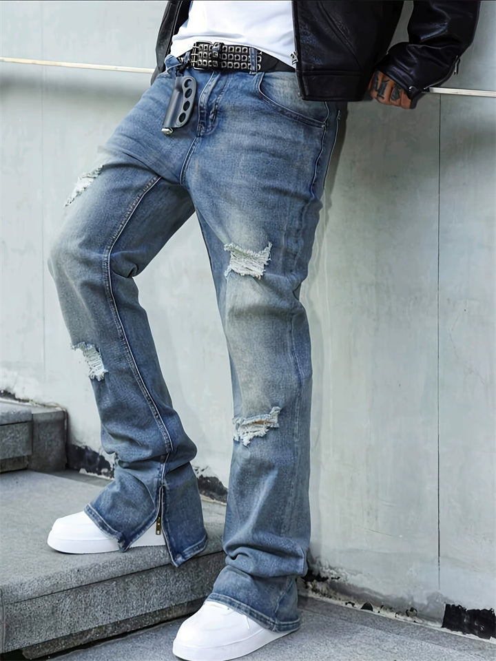 Mens Streetwear Ripped Distressed Zipper Split Hem Jeans