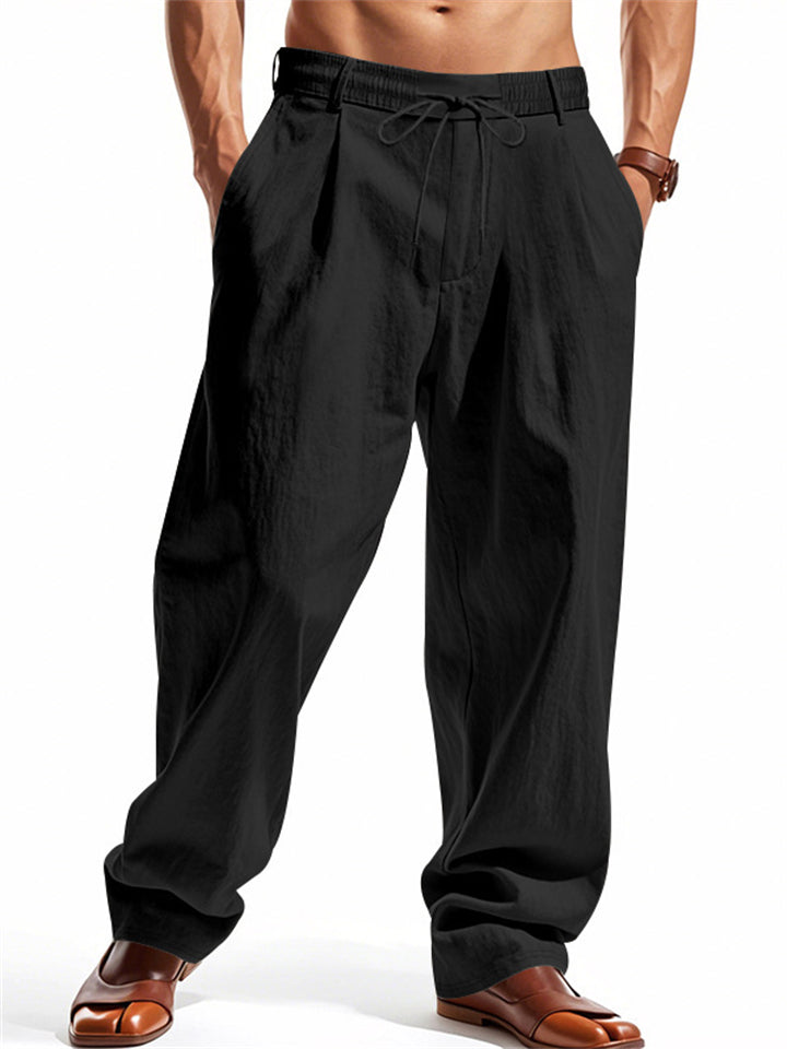 Men's Summer Casual Linen Solid Color Drawstring Wide Leg Trousers