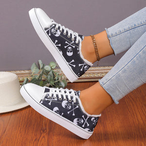 Lady Floral Skull Round Toe Low-cut Canvas Shoes