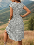 Female Popular Waist Lacing Cap Sleeve Printed Dresses