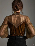 ‌Women's Chic Semi-High Neck Velvet Lace Overlay Patchwork Blouse‌