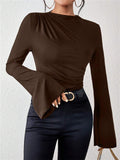Women's Solid Color Pleated Flared Sleeve Stand Collar Slim Fit Shirt