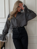 Women's Gray Polka Dot Ruffled Sleeve Blouses with Lace Cuffs