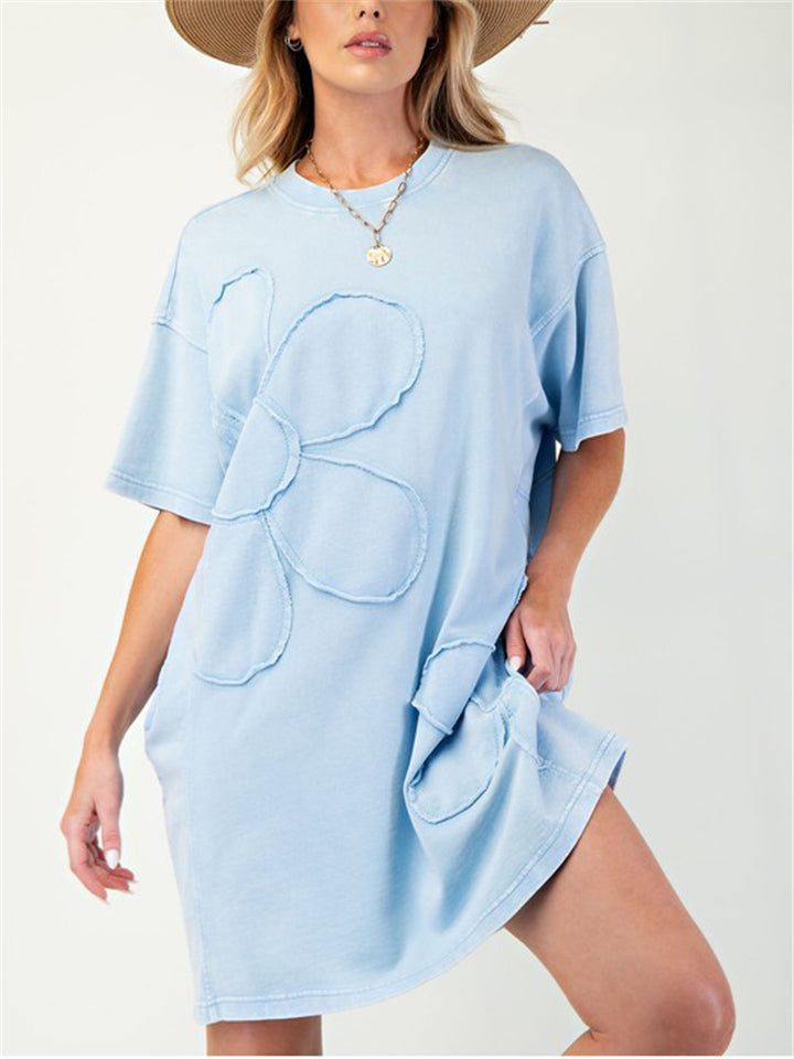 Women's 3D Flower Solid Color Short Sleeve T-Shirt Dress