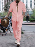 Men's Striped Texture Button Up Long Sleeve Shirt + Long Pants Outfits